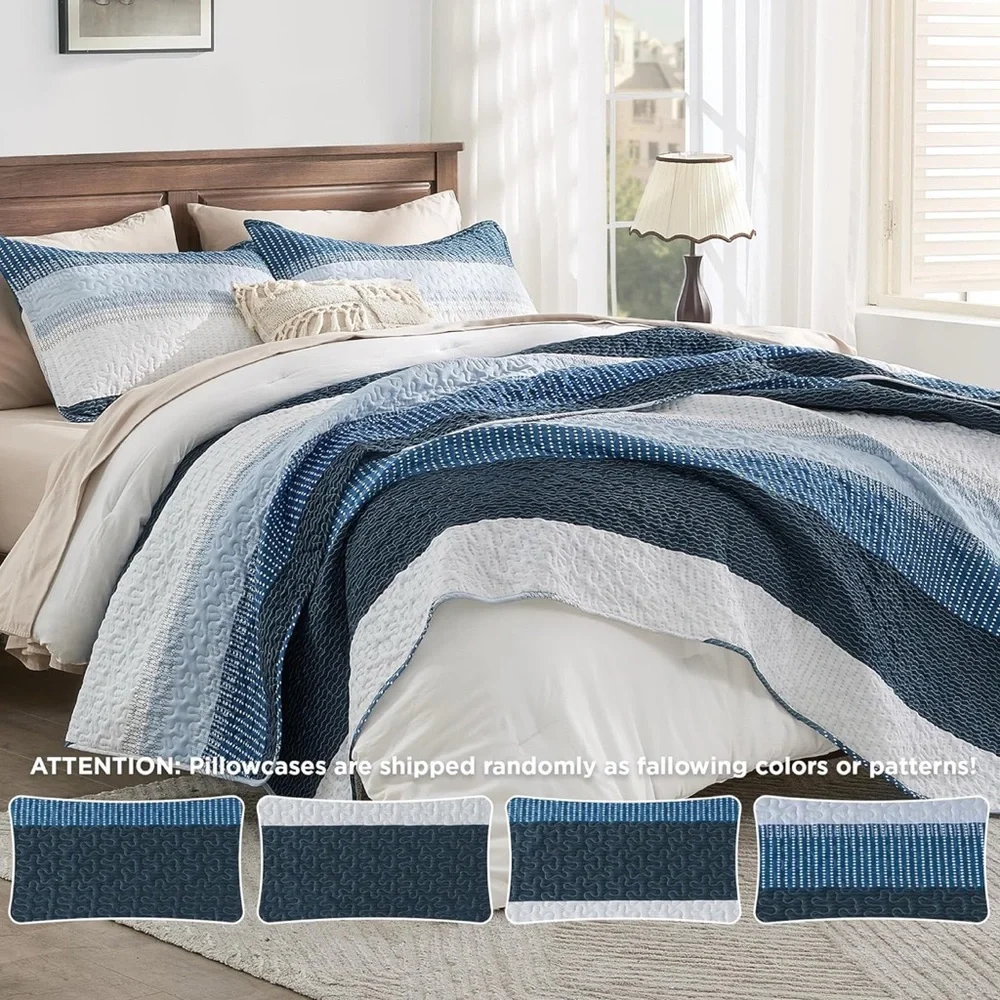 Navy Blue Striped Quilt Queen, 3 Pieces Coverlet Set New